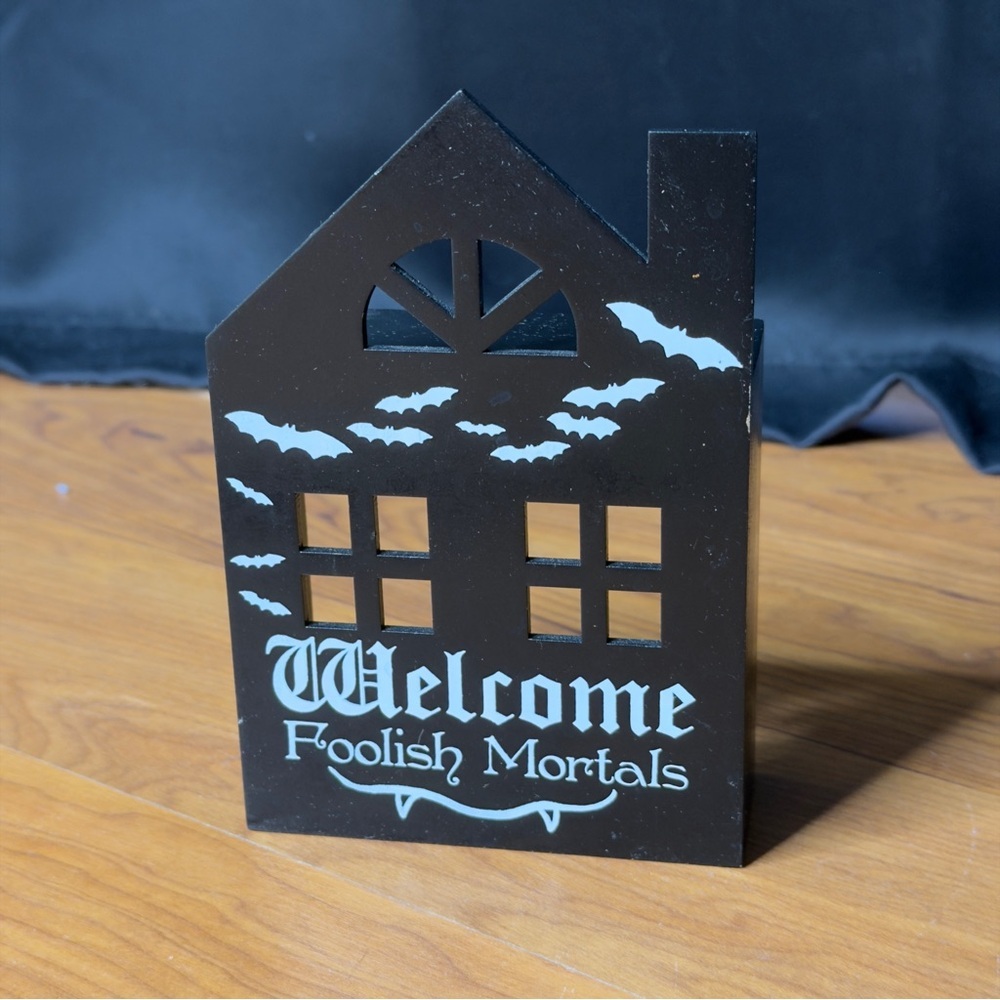 Halloween Welcome Foolish Mortals Bats Tealight Candle Holder Haunted Mansion